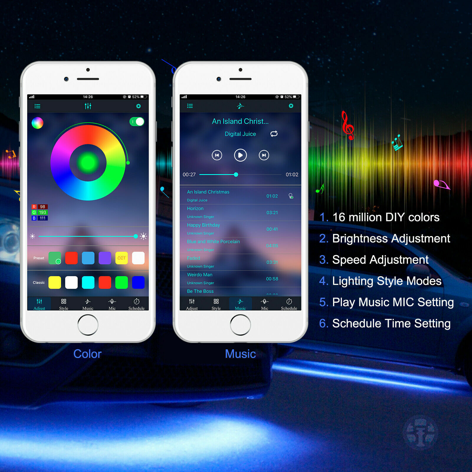 4 Pack RGB Under Car Strip Light Kit LED Neon Tube Underglow Underbody System