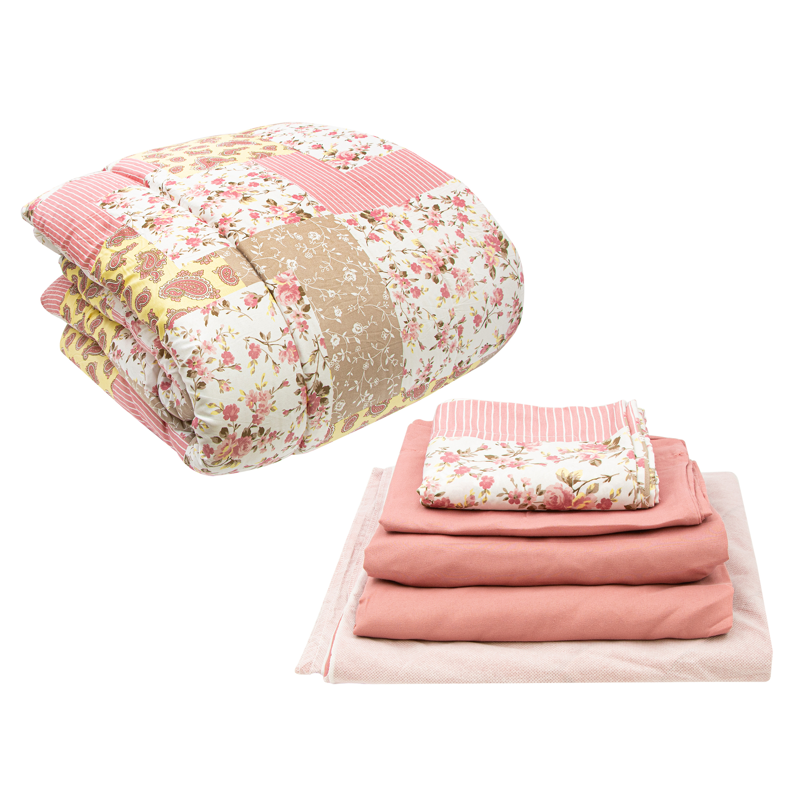 Gold Coast 8 Pc Bed in a Bag Elm Pink and Yellow Floral Comforter Set, Full