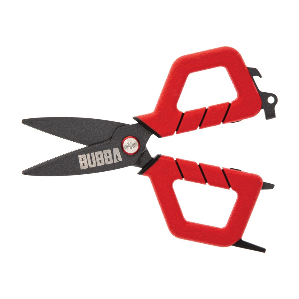 BUBBA Small Shears Fishing Tool With Micro-Serrated Blades & Split Small, Red