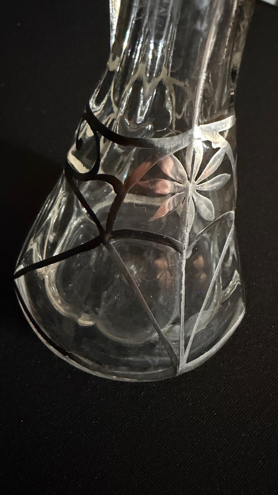 Antique Art Nouveau Sterling Overlay Glass Cruet Bottle w Stopper 6.5"