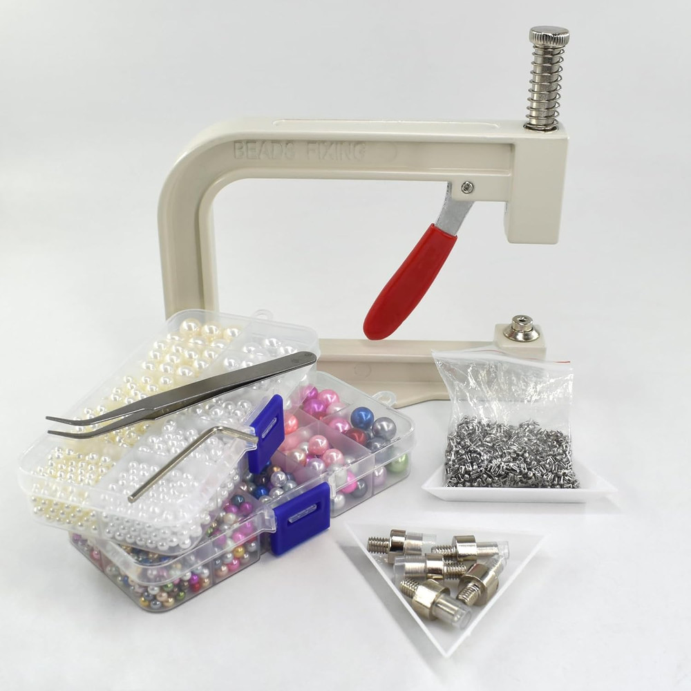 Pearl Setting Tools Hand Press Machine with Colorful Pearl Beads, Rivet Studs an
