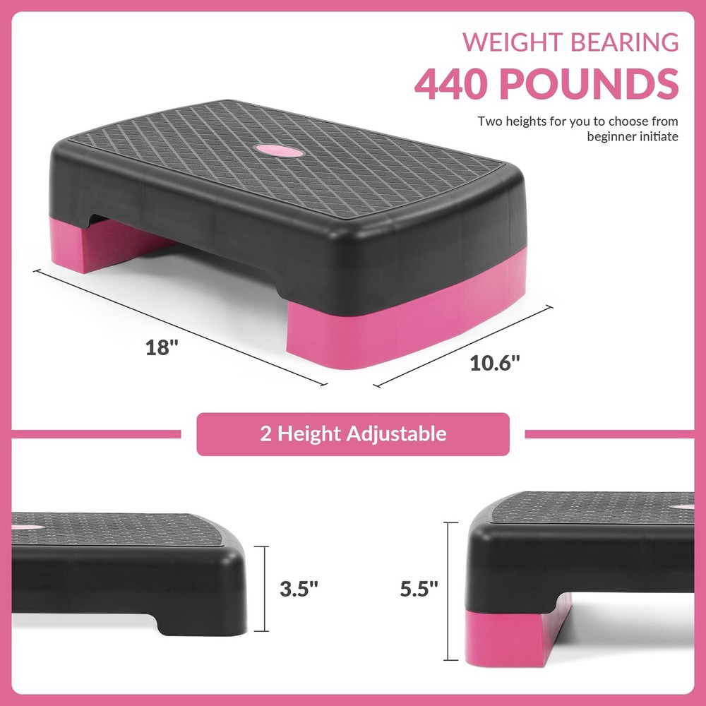 18" Aerobic Step Platform, Workout Stepper with Adjustable 2 Stackable Risers...