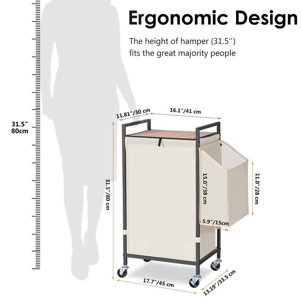 Laundry Hamper with Rustic Brown Lid & Wheels; 96L Large Rolling Laundry Bask...