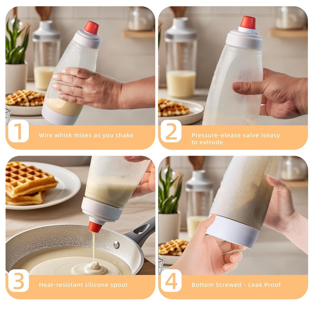 Pancake Batter Dispenser Bottle with Mixing Ball - 2 Pack for Baking Needs