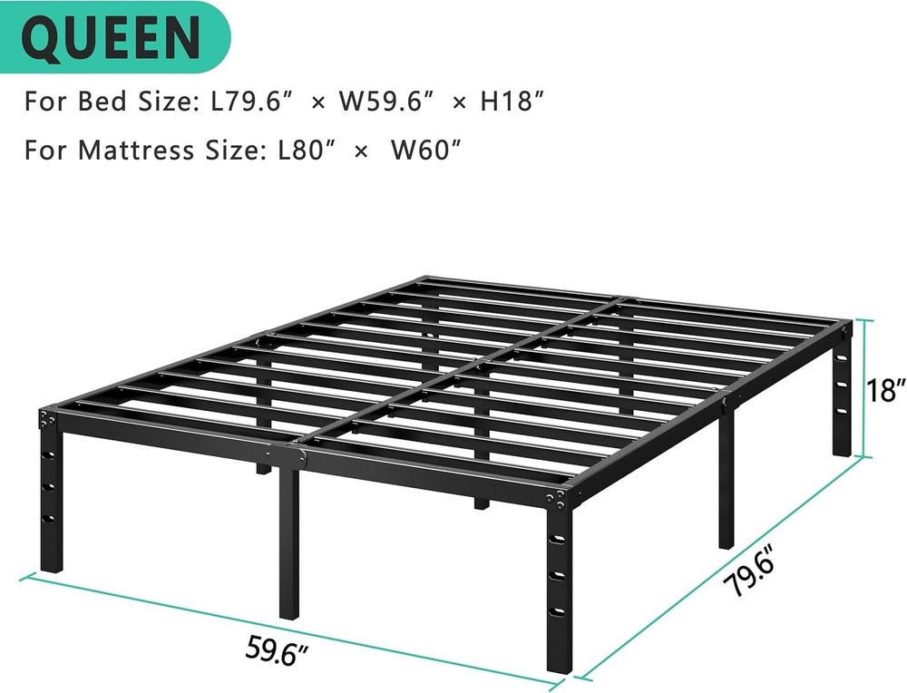 Easy Assembly Metal Bed Frame, Strong Support Slats, Queen
