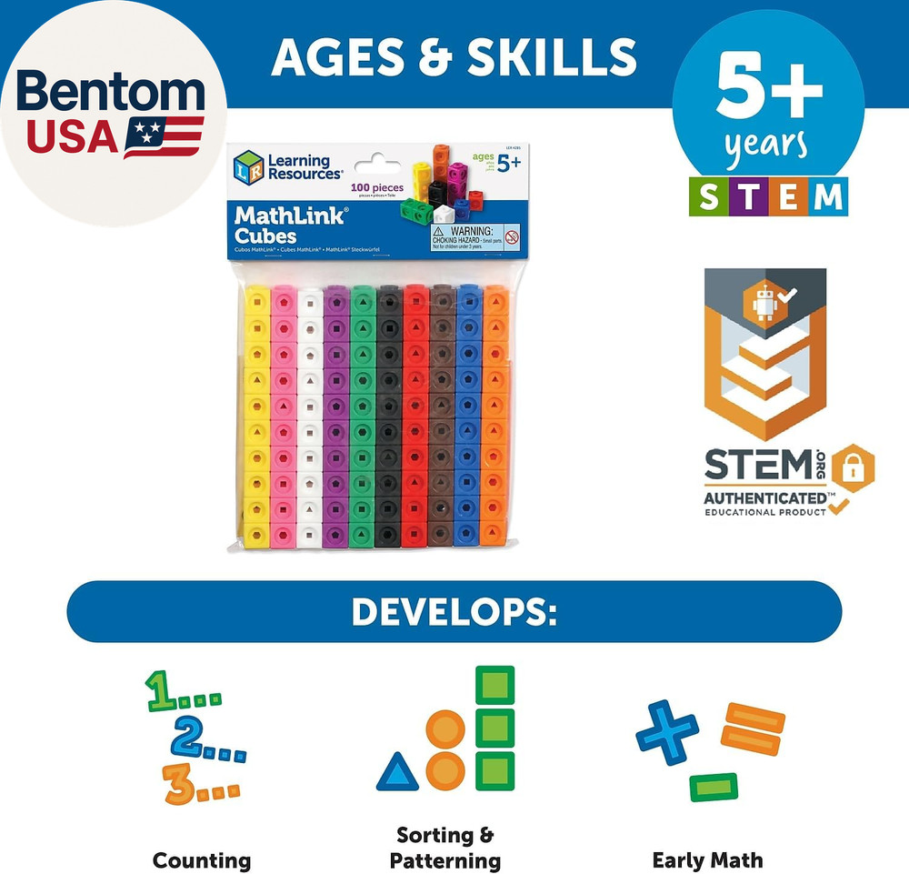 Mathlink Cubes - Set of 100 Cubes, Ages 5+ Kindergarten, STEM Activities, Math M
