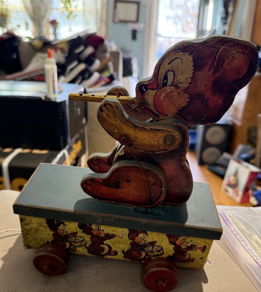 VINTAGE BEAR PLAYING FLUTE MECHANICAL PULL TOY WOOD LITHOGRAPH