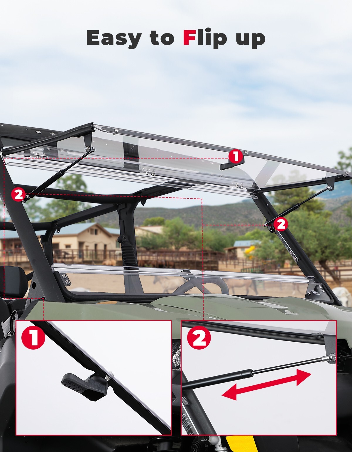 KEMIMOTO Front Flip Windshield for Can Am Defender HD 5/ 8/ 10/ MAX 2016-2023