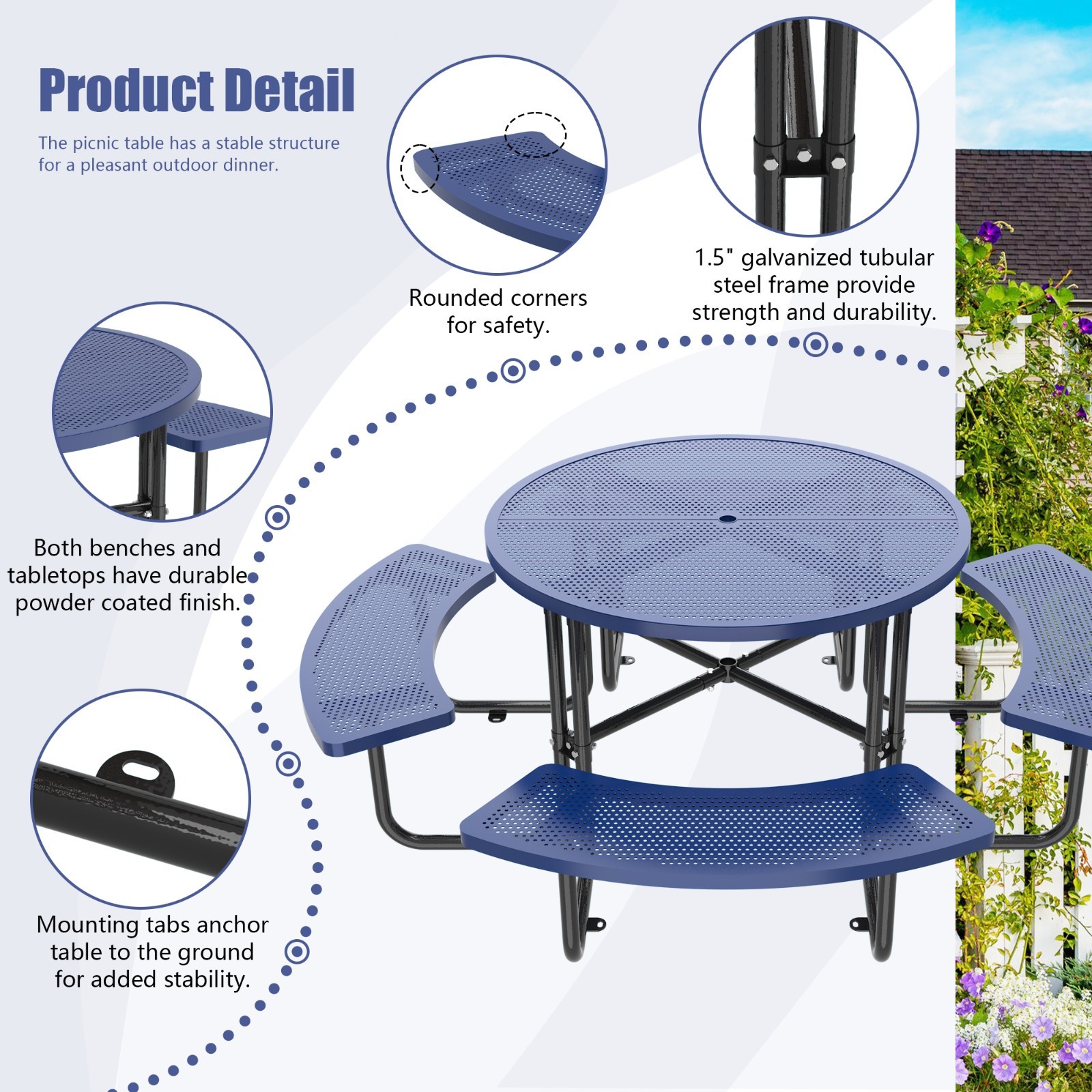 8 Seater Round Garden Picnic Table Set with Parasol Hole & 4 Benches