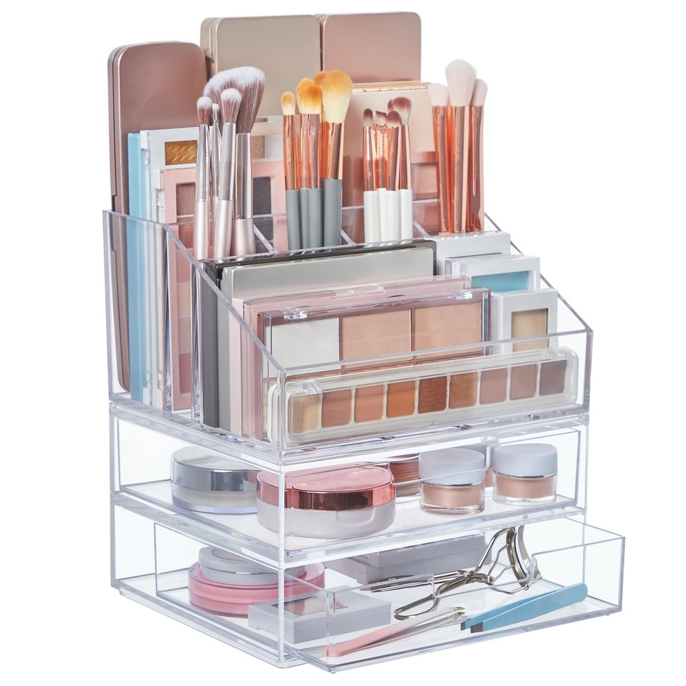 Chloe Stackable Makeup Holder & Drawer Organizer Set, Clear, BPA-Free Plastic...