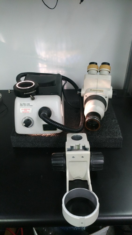 SCIENSCOPE IL-FOI-150 Fiber Optic Illuminator w Light Source Ring and Microscope