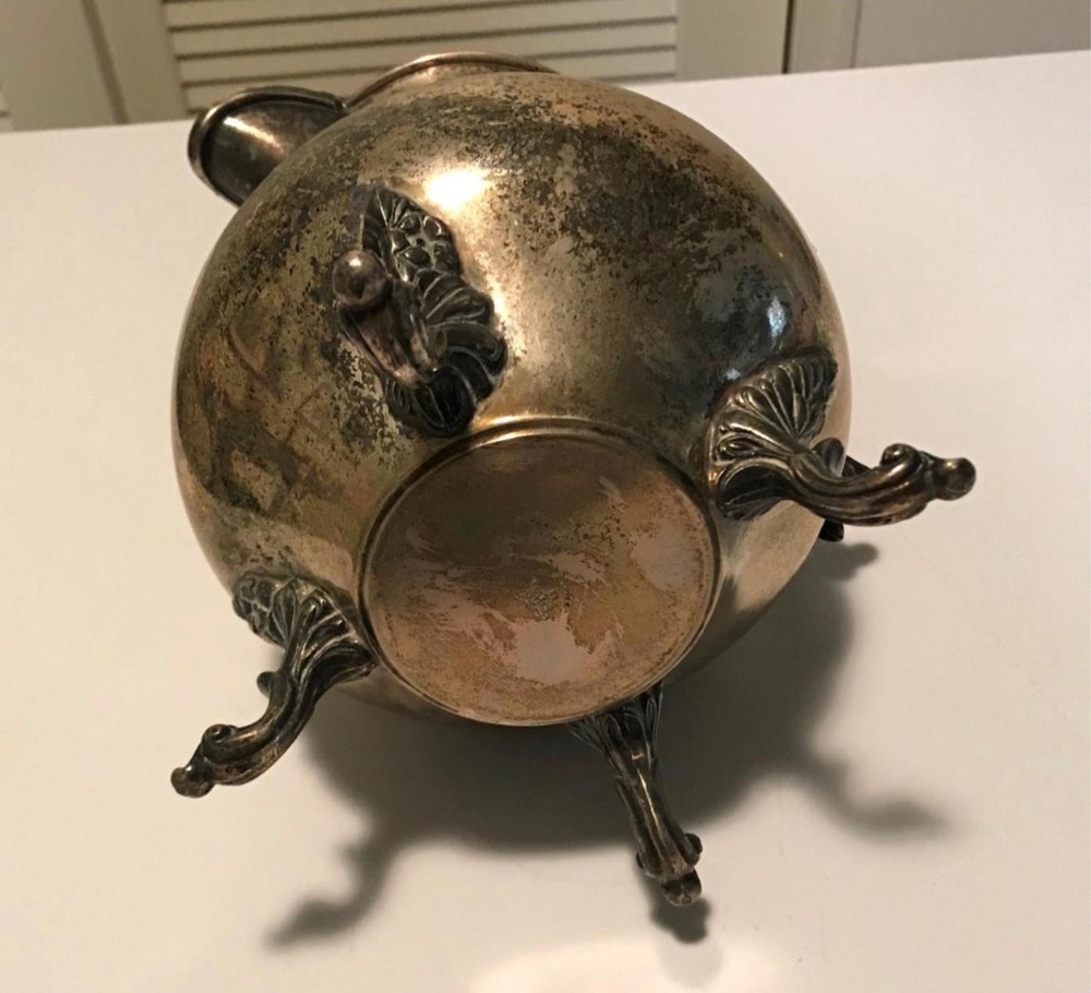 Antique Ornate Silverplate on Copper Water Pitcher w Ice Guard - stamped