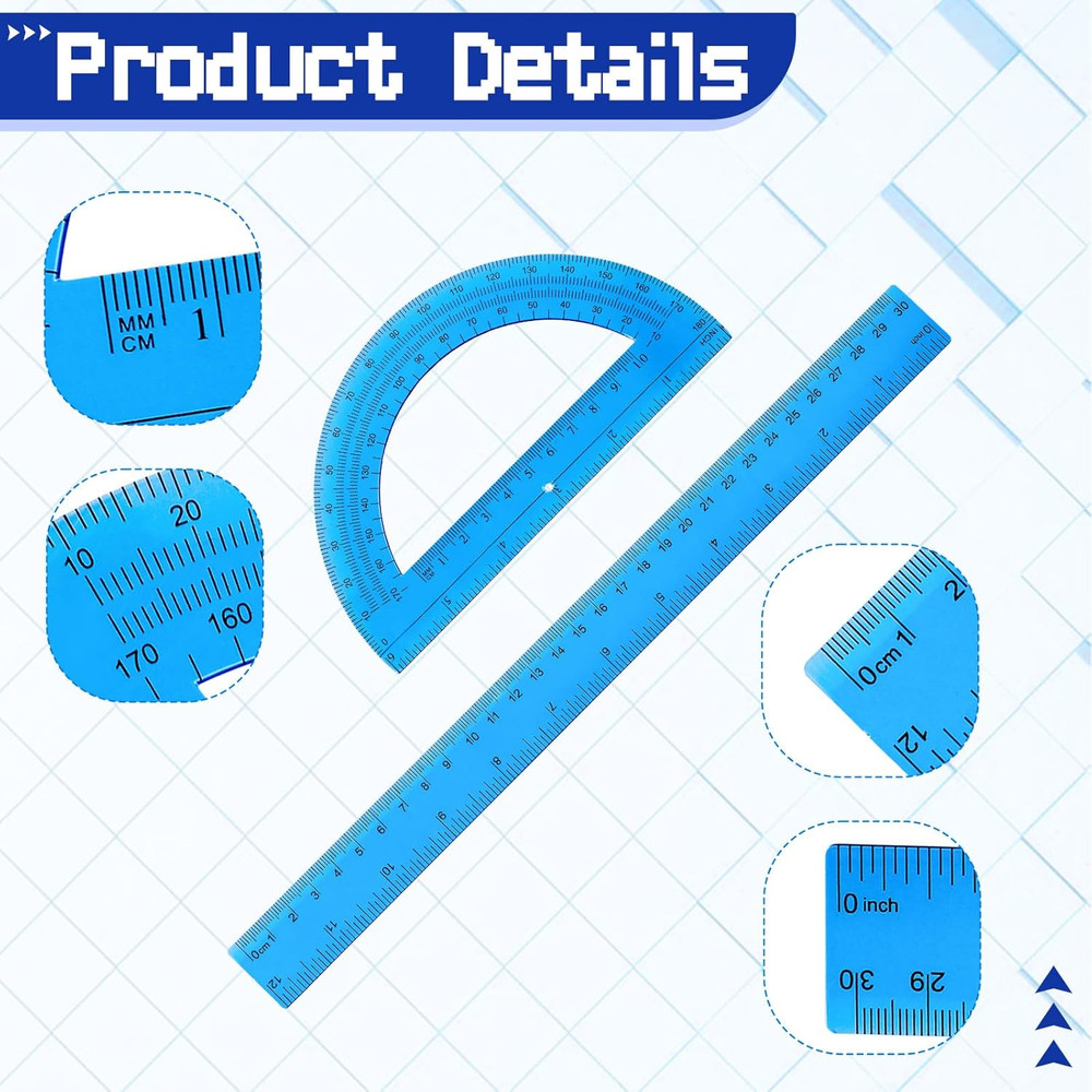 4 Pcs Ruler Protractor Set, Blue 12" Ruler and 6" Protractor 180 Degrees Angle M
