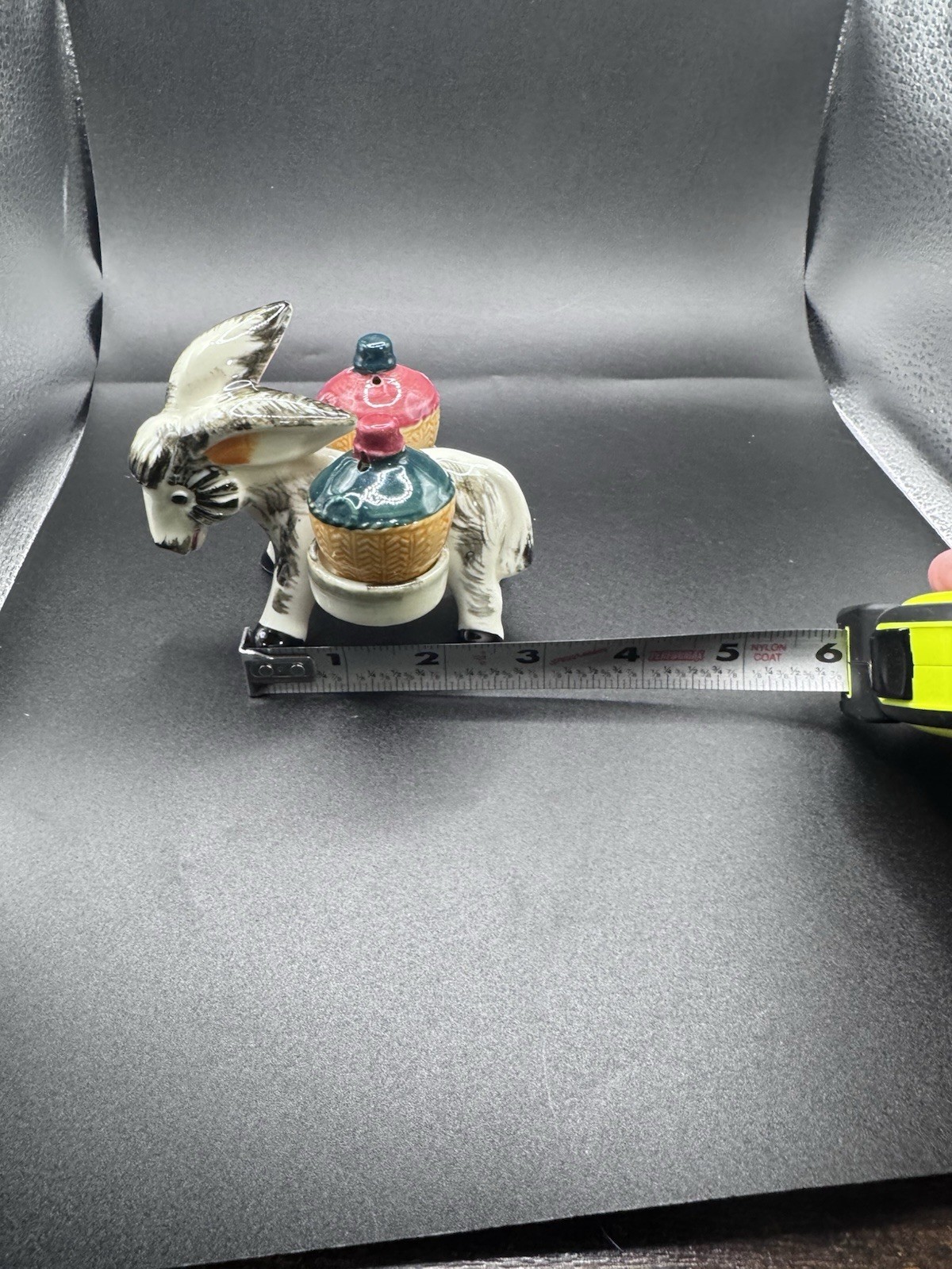 Vintage MCM 1960s Donkey Novelty Ceramic Kitschy Salt Pepper Shakers with Caddy