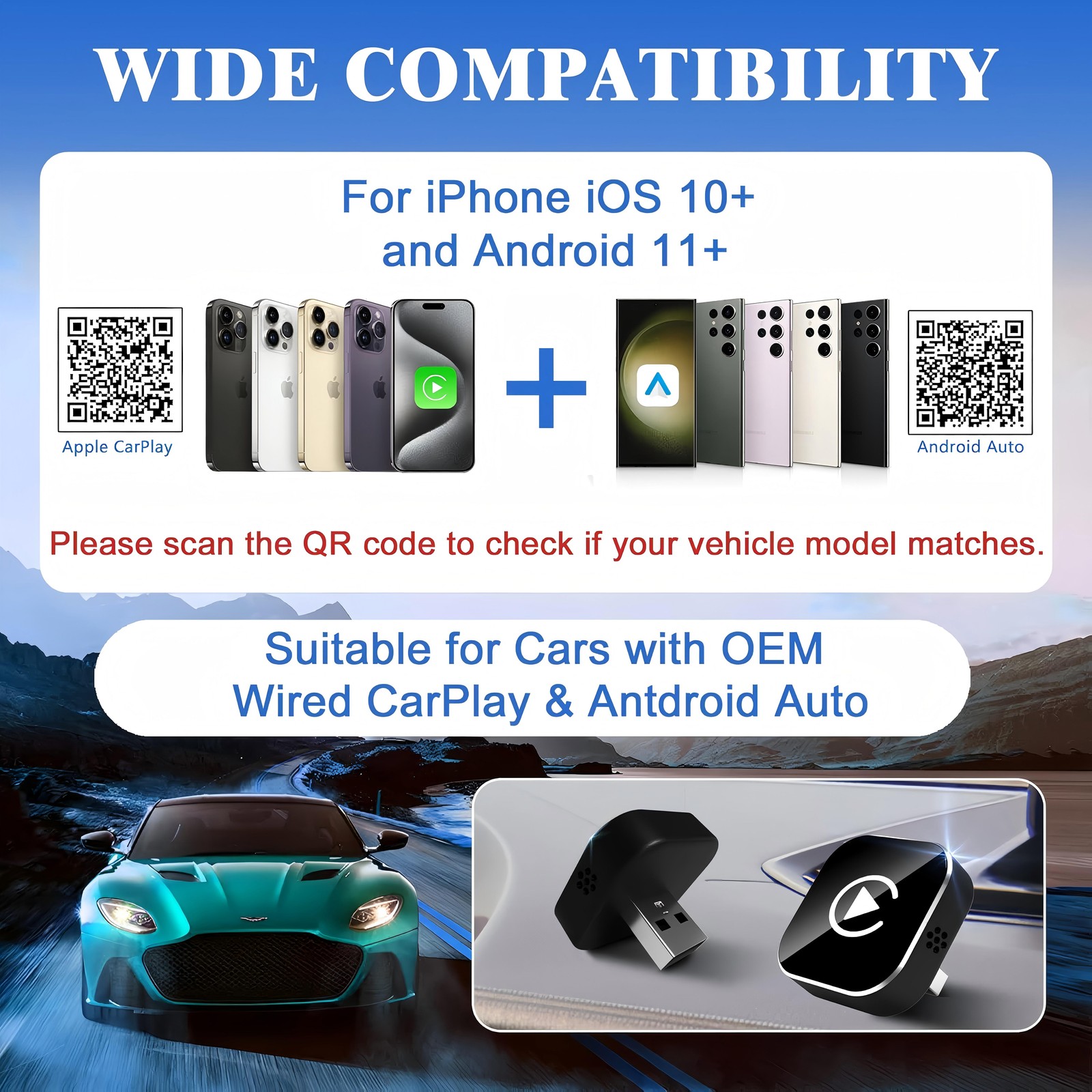 Wireless USB Carplay Adapter Dongle For iPhone Apple Android Auto Plug &Play