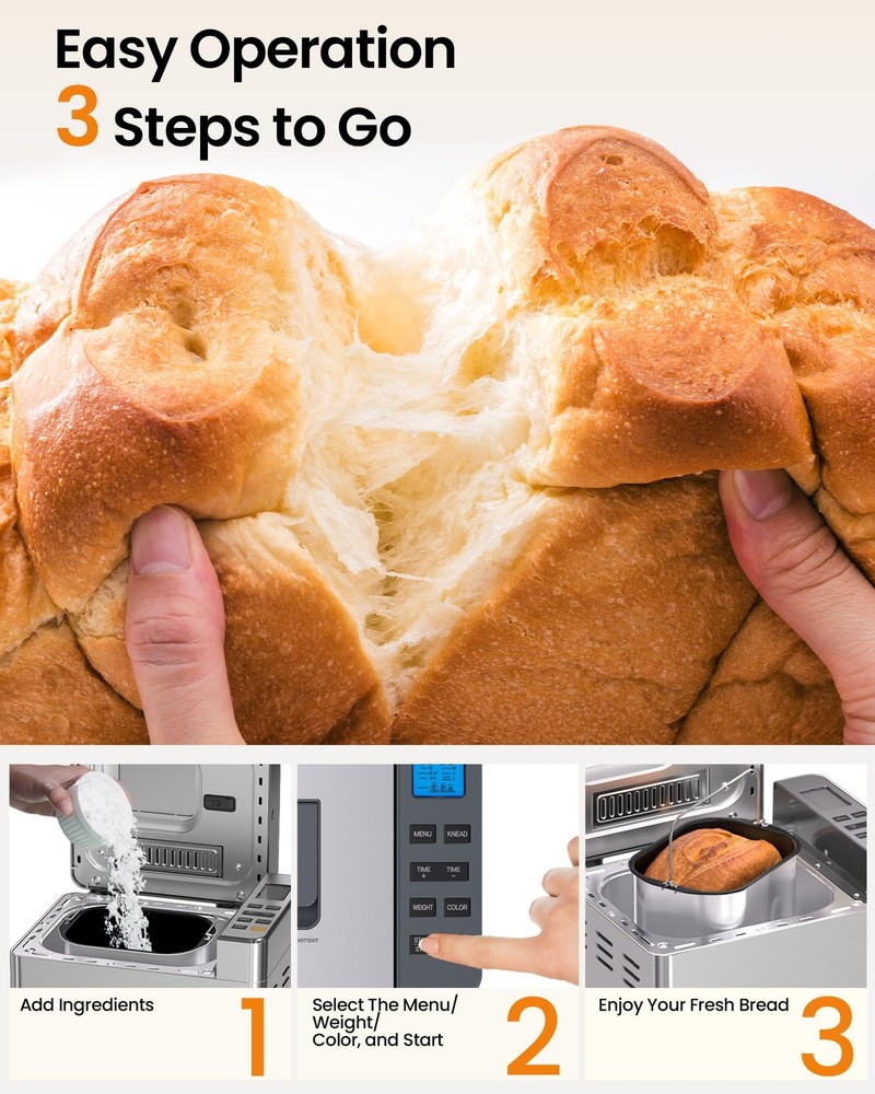 25-in-1 Bread Maker Machine with Automatic Dual Dispenser, 2LB Stainless Stee...