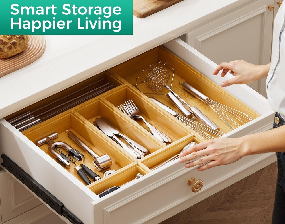 Long Bamboo Kitchen Drawer Organizer Boxes – 17" x 6" Stackable Wood Silve