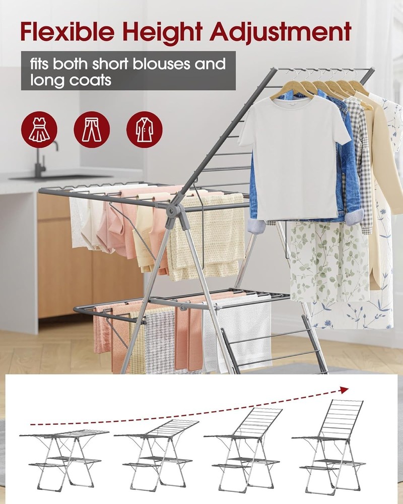 Versatile 2-Level Foldable Clothes Drying Rack with Height-Adjustable Wings