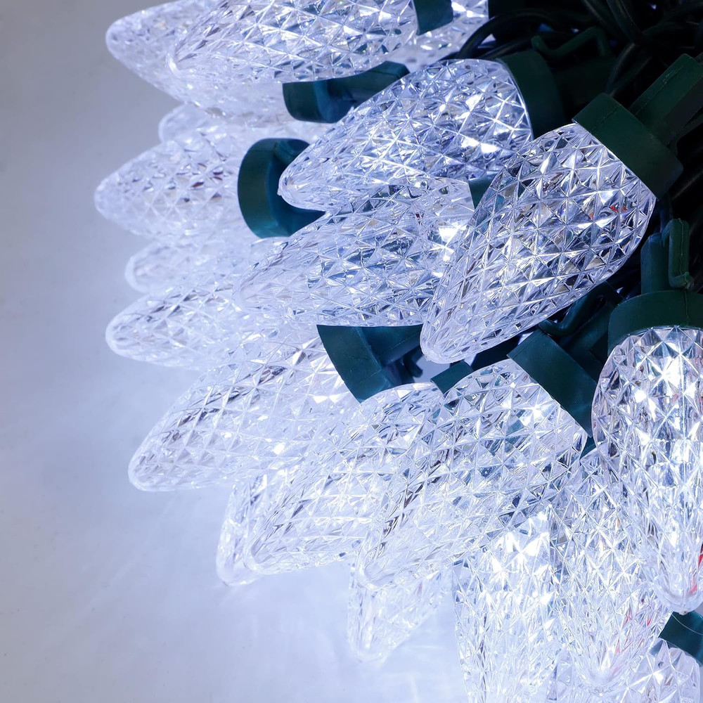 C9 String Lights 50 LED 24.5ft Cool White, Connectable, Green Wire, UL Listed AC