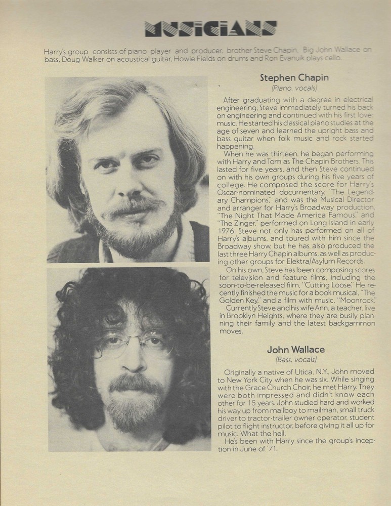 HARRY CHAPIN 16 page ON THE ROAD PROGRAM