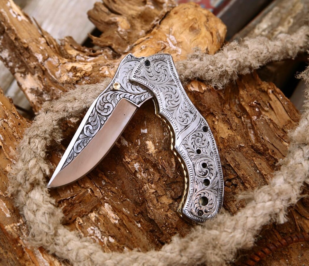 Custom Handmade D2 Steel Engraved Folding knife