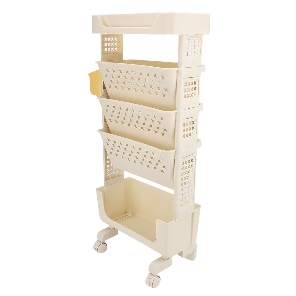 Rolling Book Cart 5 Tier PP Multi-Functional Movable Storage Book Rack White