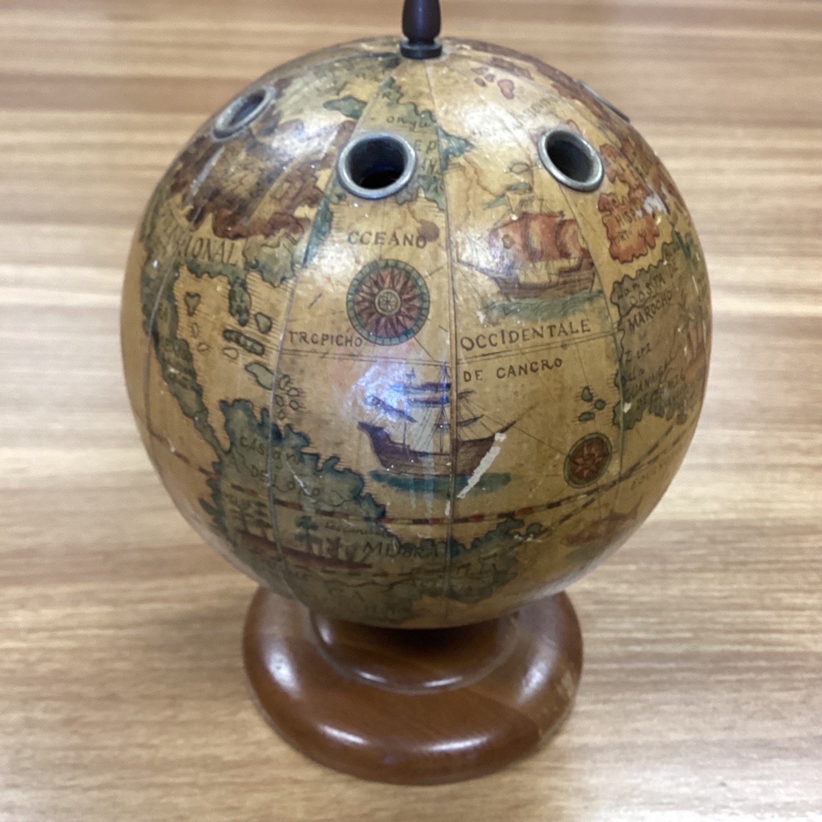 Vintage Wooden Earth Globe Pencil Pen Holder 4.5" Tall Desk Accessory