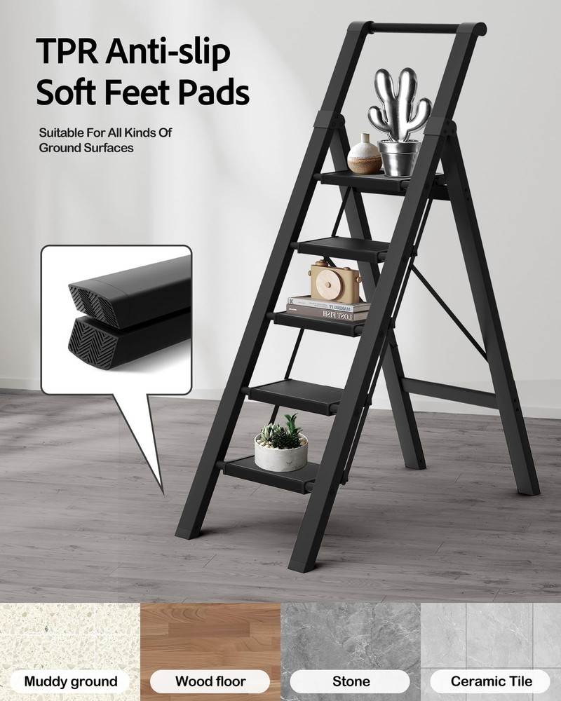 5 Step Ladder, Lightweight Folding Step Stool withConvenient Handgrip,Aluminu...