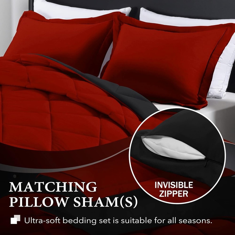 Queen Comforter Set - Red and Black Queen Comforter, Soft Bedding Comforter Sets