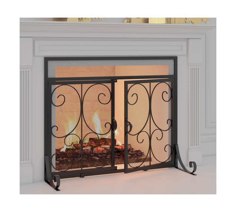 Flat Fireplace Screen with Doors,Solid Wrought Iron Frame with Metal Mesh, Fl...