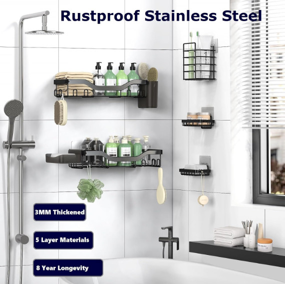 Upgraded Extended Length Shower Organizer with Hooks, Rustproof Shampoo Soap Hol