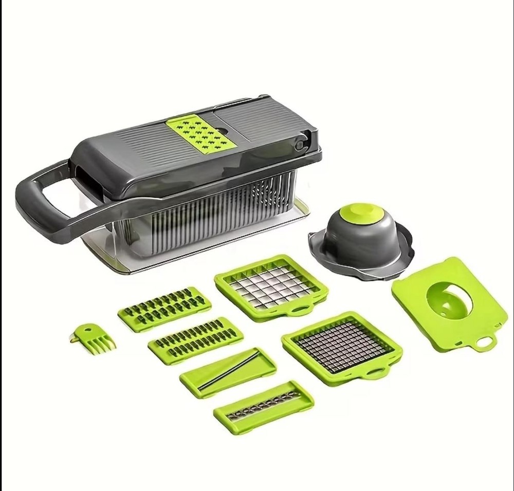 Multi-Function Push Food Chopper with Blades, Container, Green/Gray