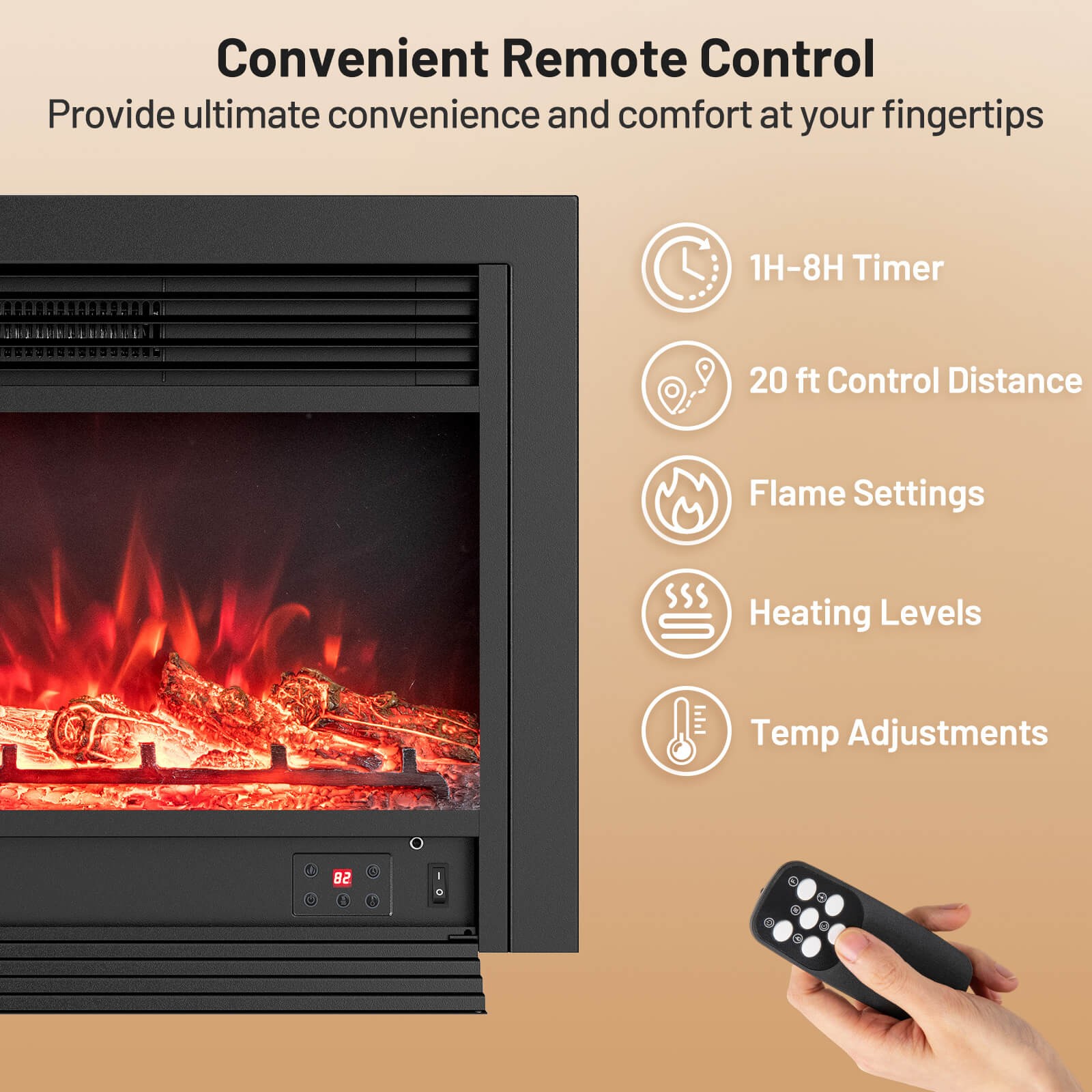 33" Electric Fireplace Insert 750W Recessed Fireplace Heater with Remote Control