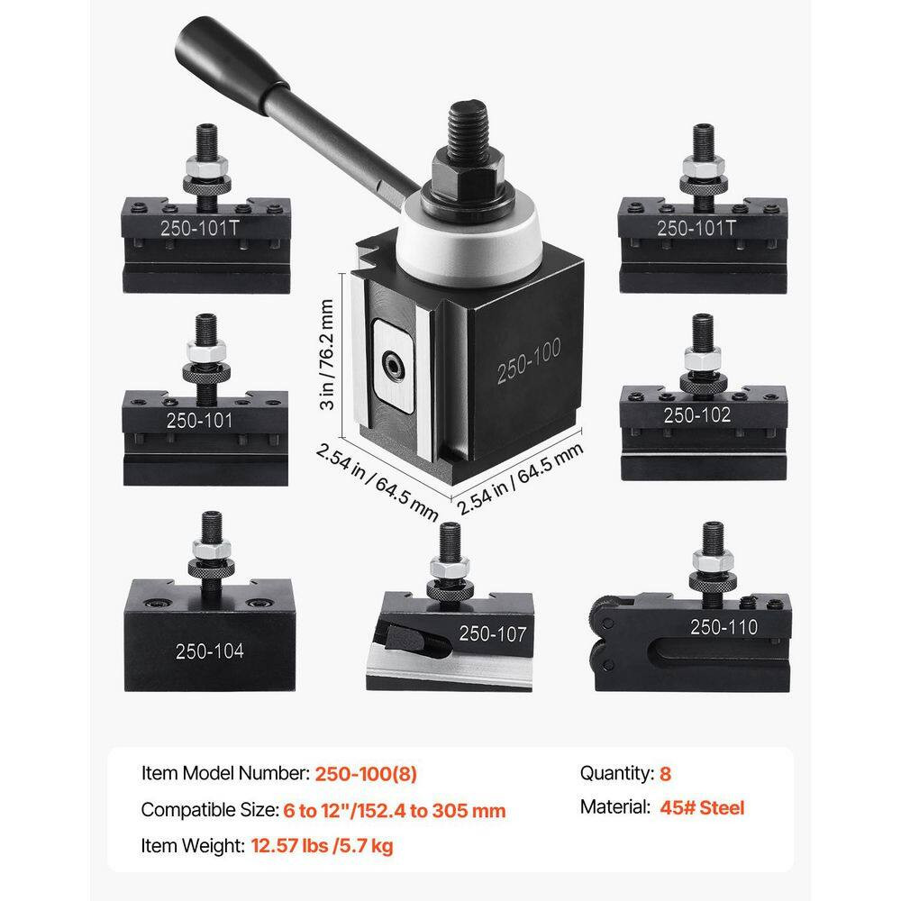 Quick Change Tool Post Set, 8Pcs, Includes Lathe Tool Holders 12 In. Metal Wedge