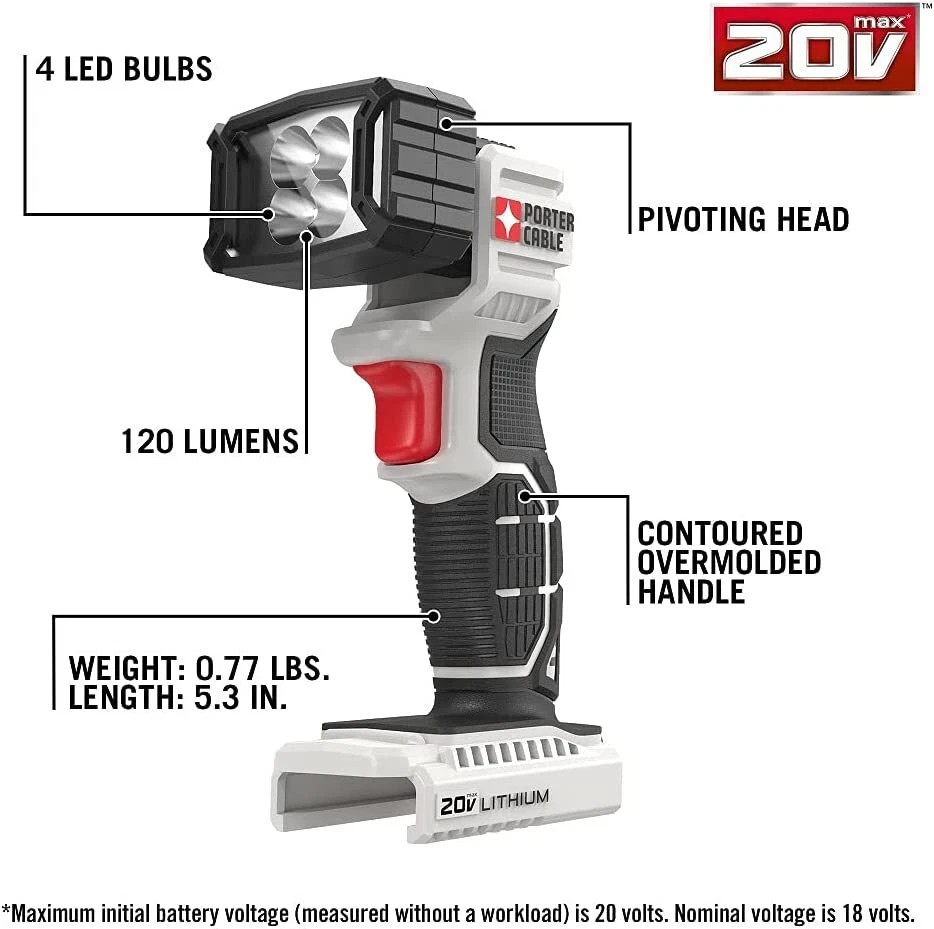 Porter Cable PCC700 LED 20V Light Cordless Flashlight Work Light Jobsite Tool On
