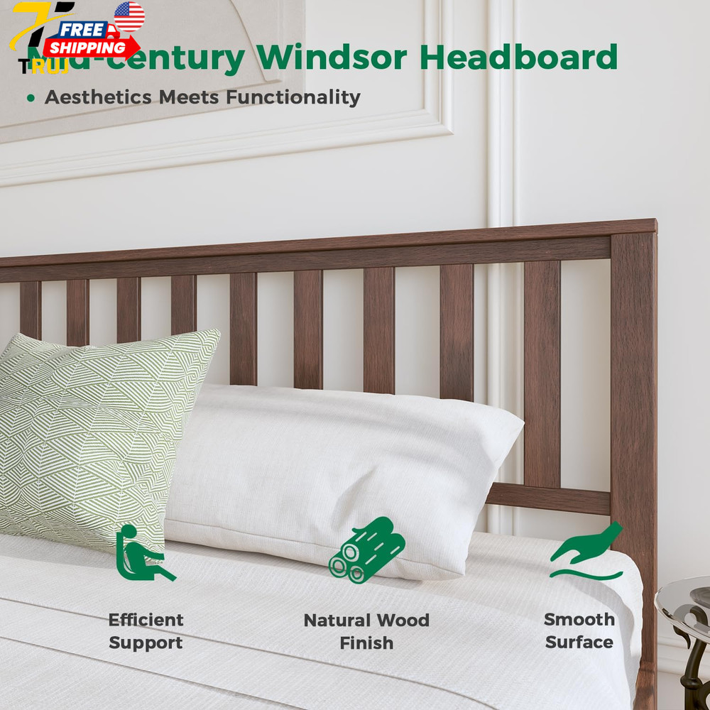 Mid Century King Size Bed Frame with Headboard Solid Wood Easy Assembly Antique