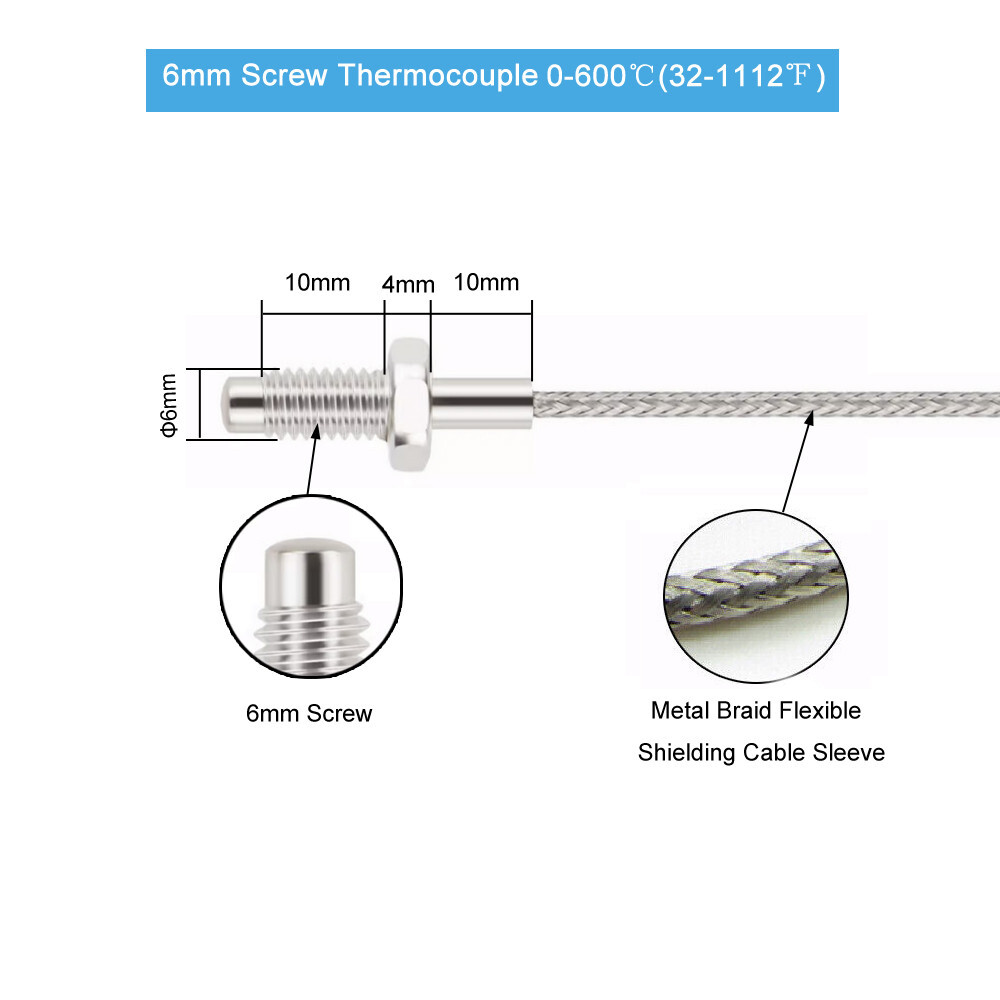 10M Cable K Type Screw Thermocouple Temperature Sensor Probe 6mm Thread 0-600℃