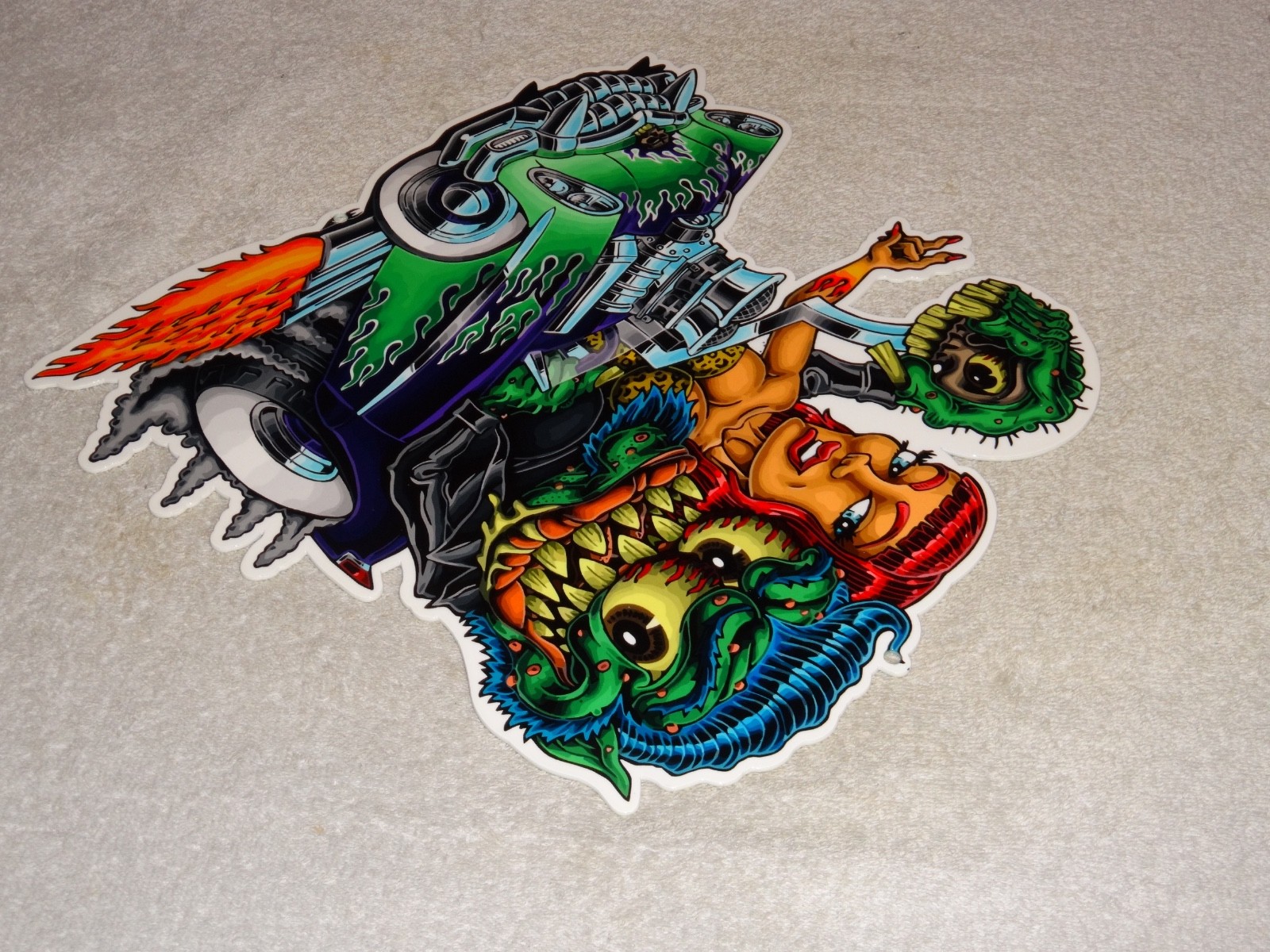 VINTAGE RATFINK DRIVES CAR W/ WOMAN MONSTER 12" METAL GASOLINE OIL RAT FINK SIGN