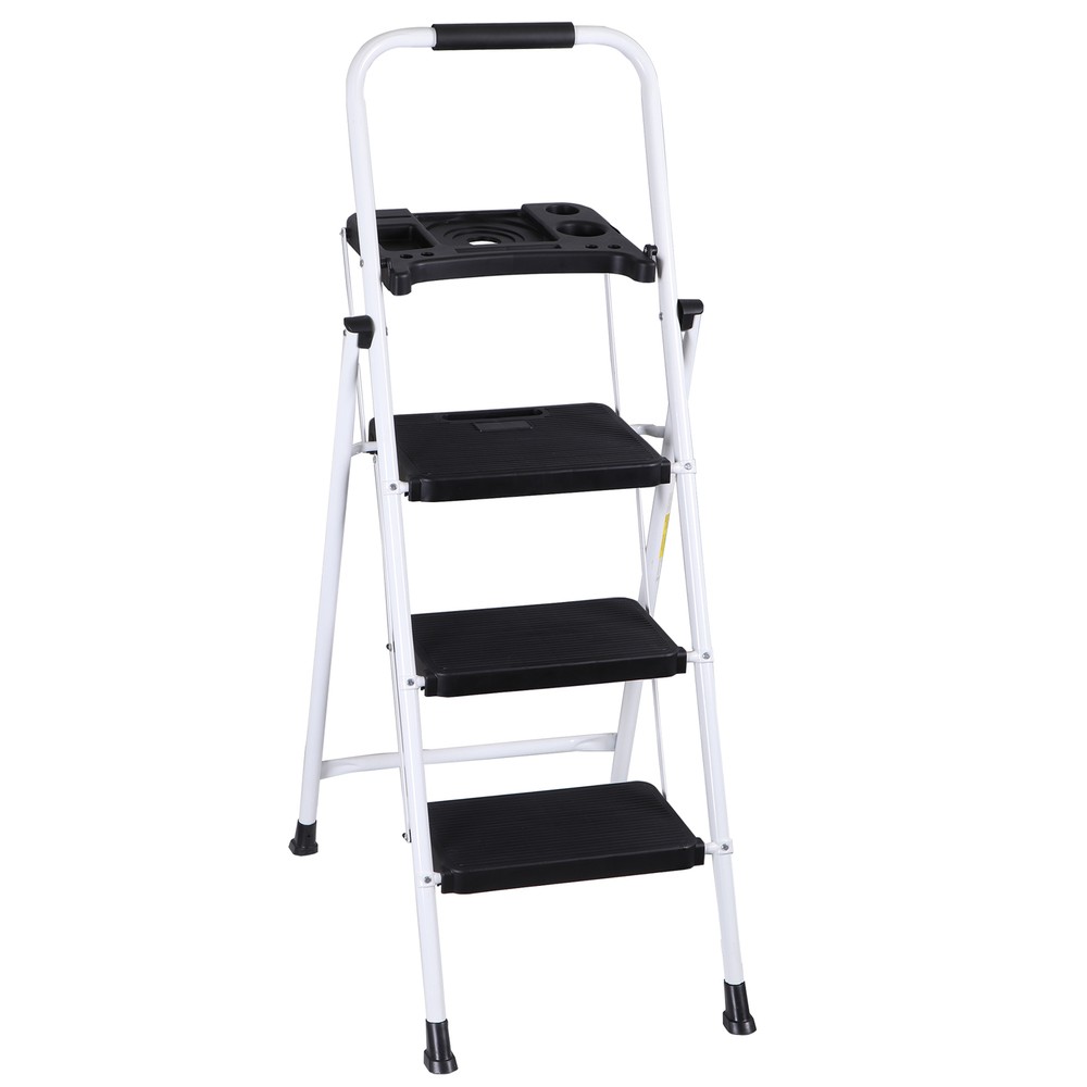 Step Ladder Sturdy 3-Step Ladder with Tool Platform Folding Ladder Lightweight