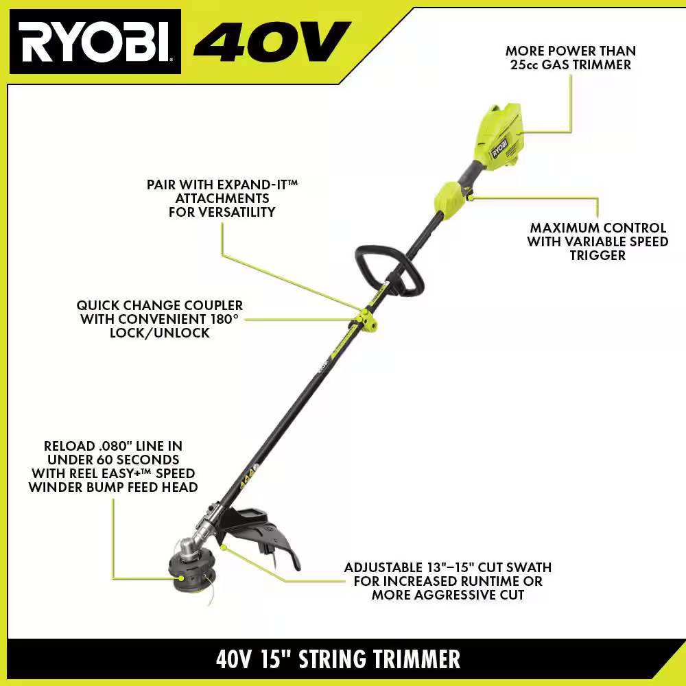 40V 15 in. Expand-It Cordless Battery Attachment Capable String Trimmer (Tool On
