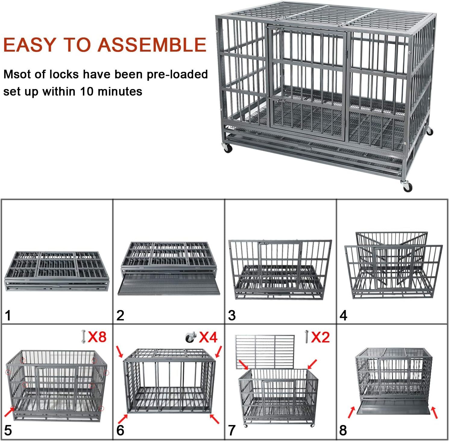48 Inch Heavy Duty Indestructible Dog Crate Cage Kennel with Wheels,High Anxiety