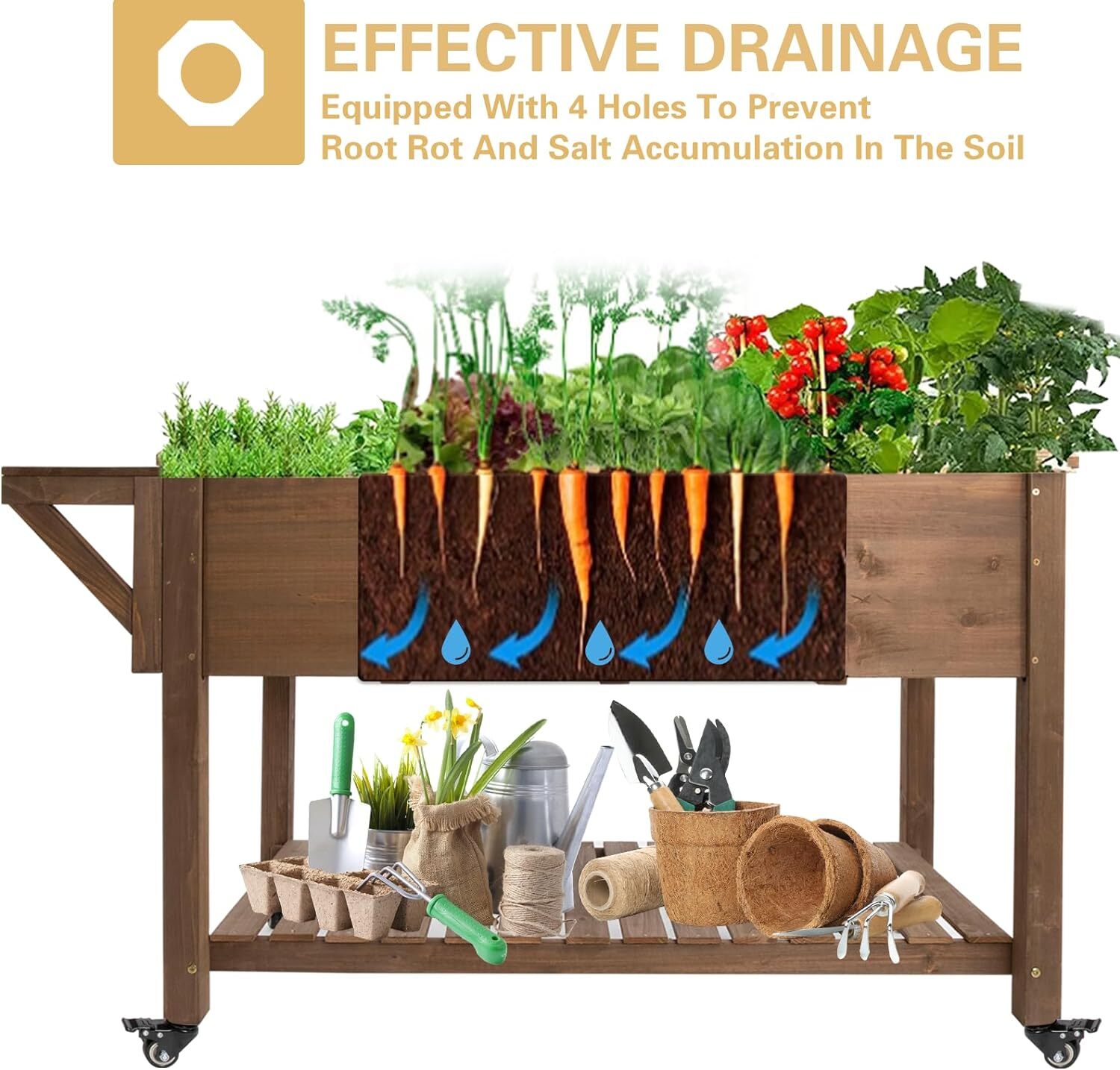 PetsCosset Raised Garden Bed Mobile Raised Wooden Box with Lockable Wheels