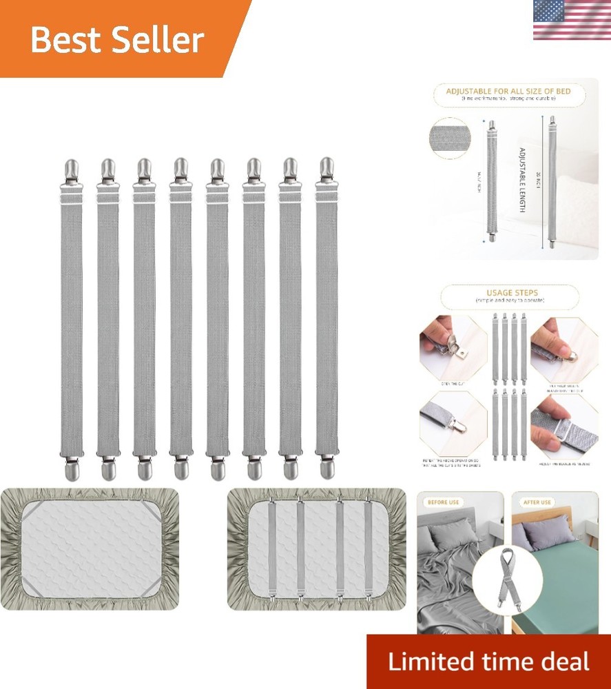 8pcs Adjustable Grey Bed Sheet Clips - Versatile Elastic Fasteners for Comfort