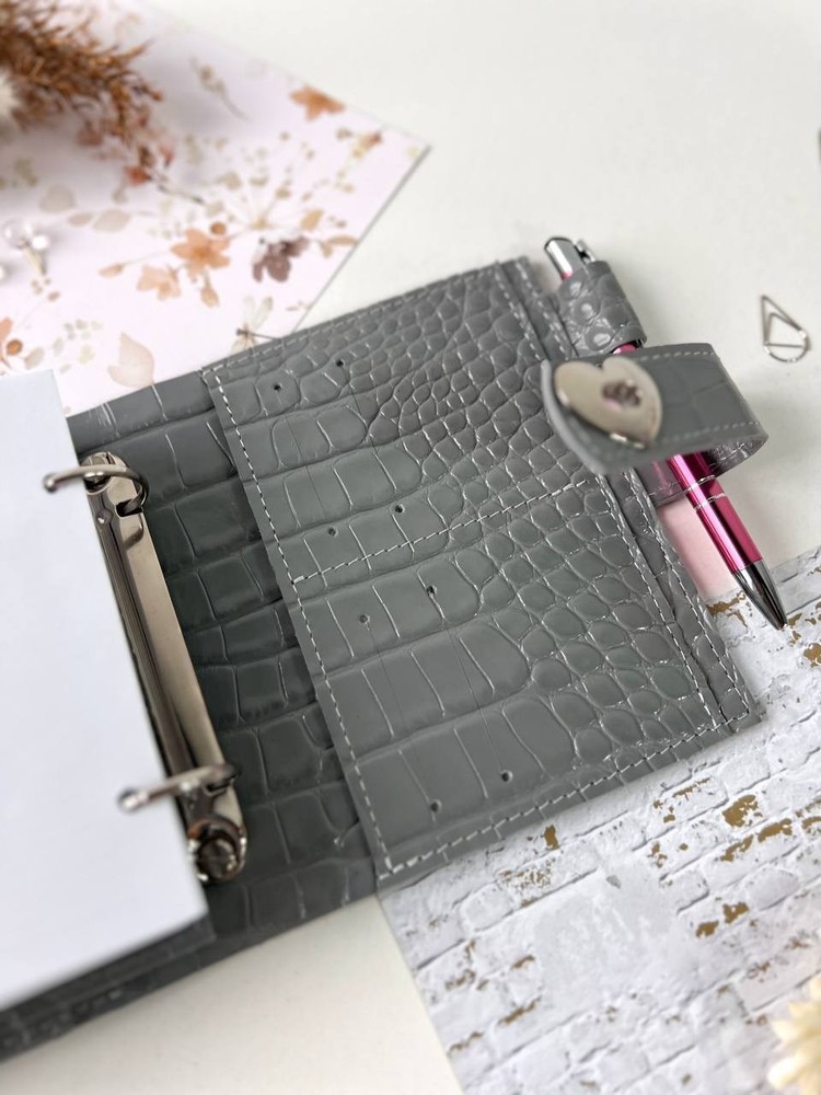 Grey leather notebook cover A7 6 rings mini wallet, dated 2026 planner.