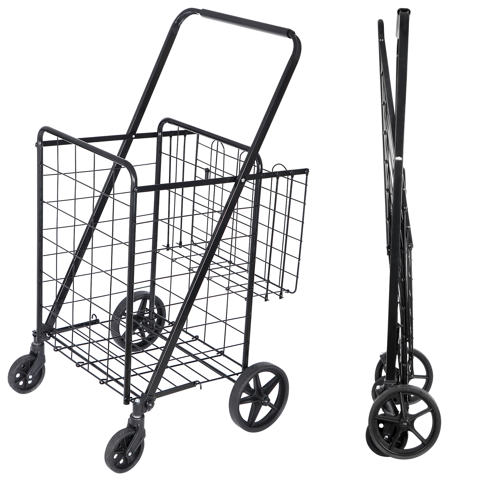 Folding Shopping Cart with Wheels Metal Utility Cart Grocery Cart Laundry 110lbs