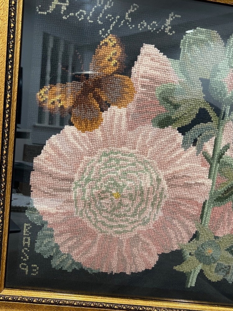 Framed Needlepoint Flowers & Butterfly Signed BAS Dated 93 Titled Hollyhook