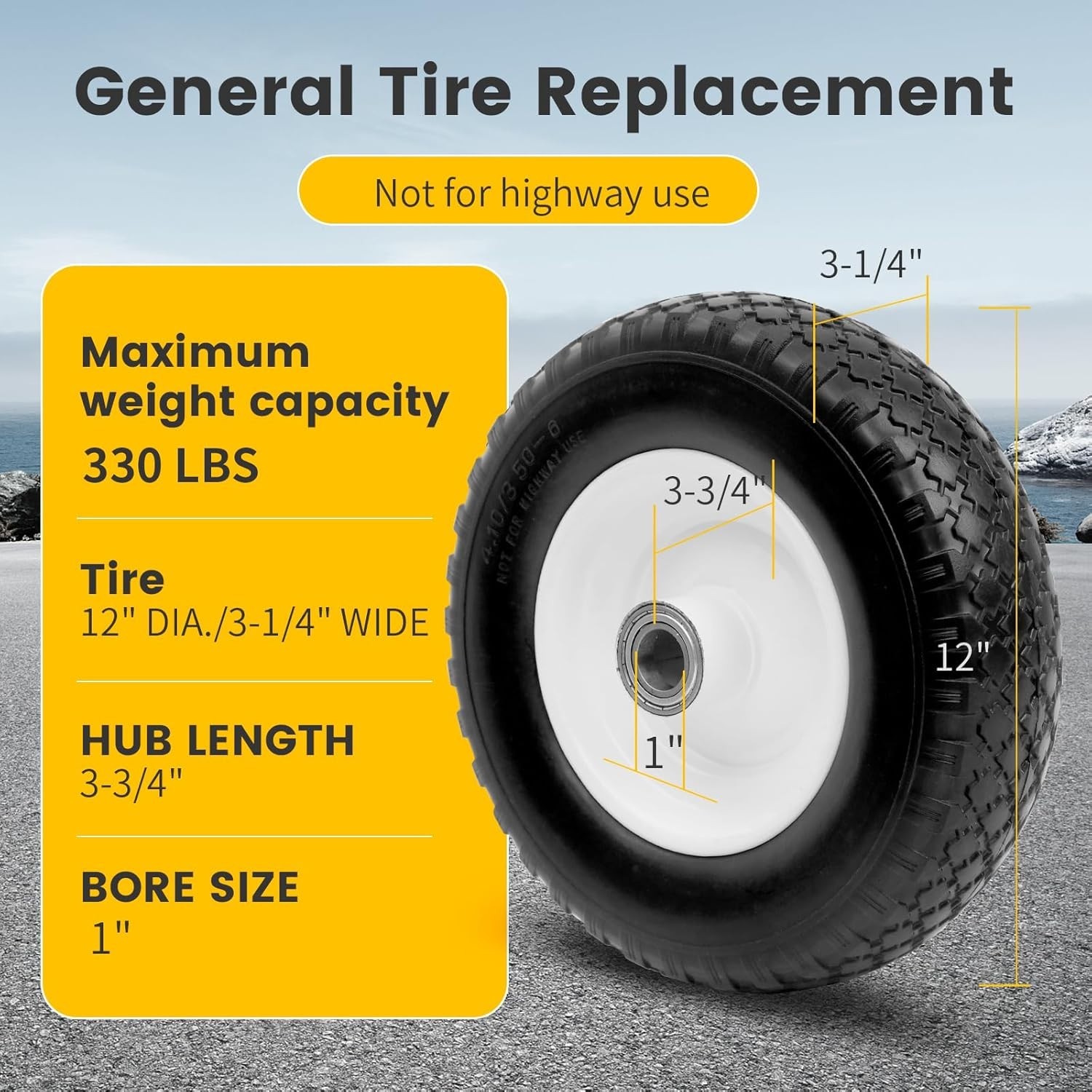 MaxxHaul 12" Flat Free Wheel Replacement Solid Tire Wheelbarrow 330 lb 51067