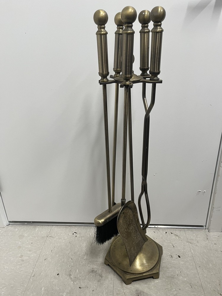Fireplace Tool Set - Rail on Base Antique Brass