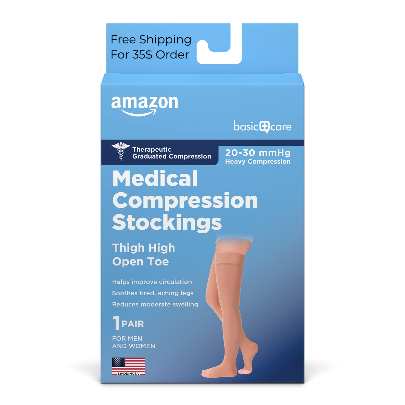 Amazon Basic Care Compression Stockings 20-30 mmHg, Open Toe, Thigh Length, Med