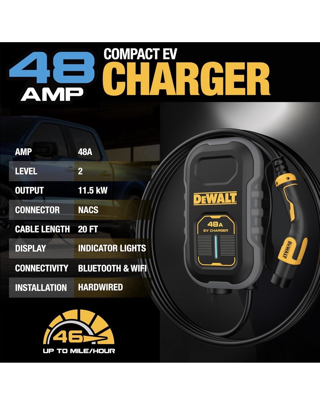 DEWALT 48A L2 Compact TESLA EV Charger 48A 240V 20FT HARDWIRED DXPAEV048CP-TL